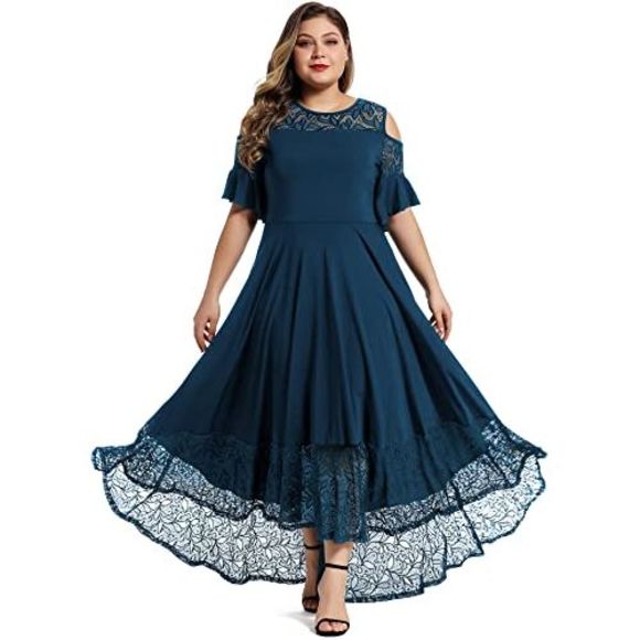 LALAGEN Plus Size Maxi Dress - Short Sleeve Ruffle High-Low Summer Dress For Women, Casual & Flowy